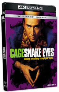 Cover of "Snake Eyes" 4K Ultra HD Blu-ray, featuring a person in a patterned shirt on a purple background with the text "Believe everything except your eyes.".