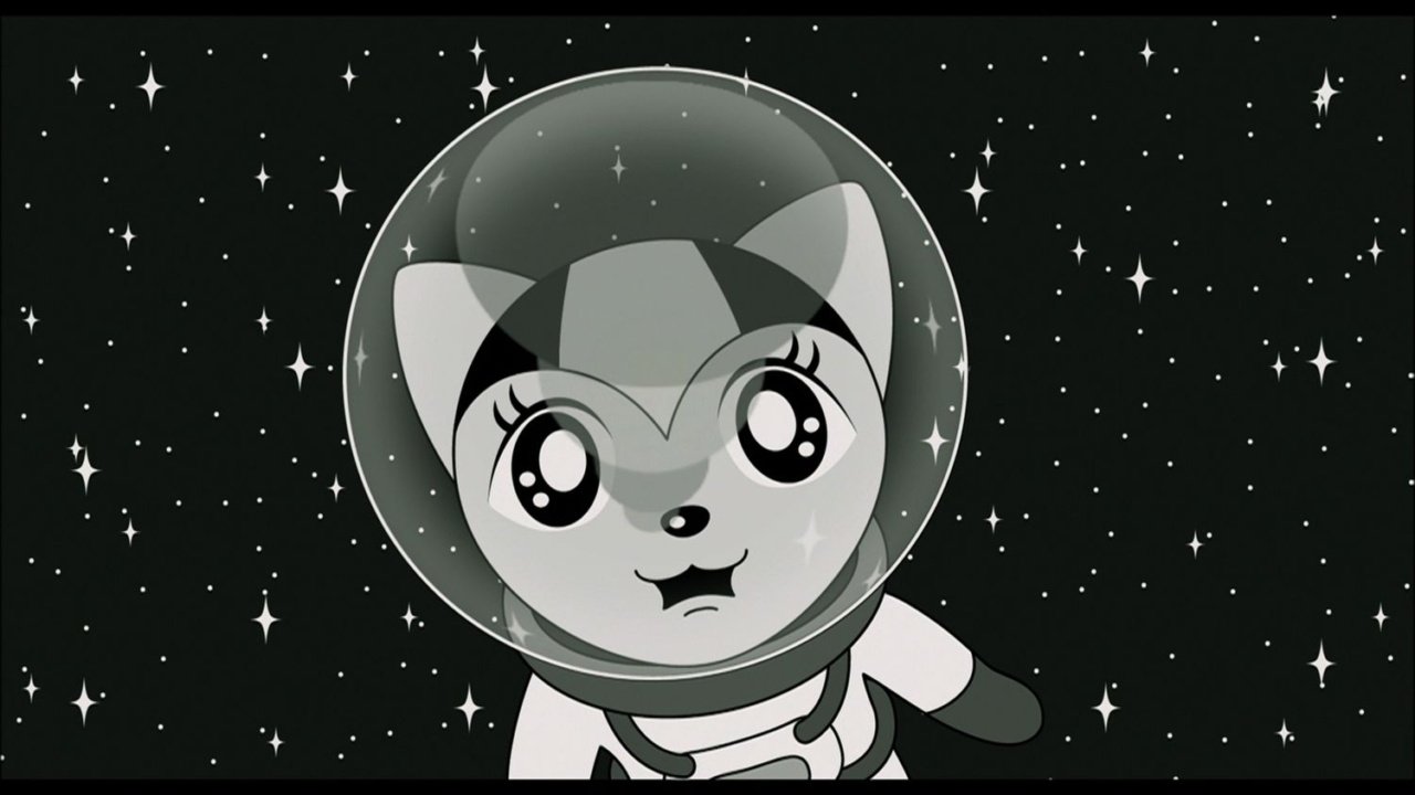Cartoon character in a spacesuit and helmet floats in space with a starry background.