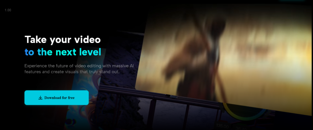 Blurry video background with text: "Take your video to the next level" and a "Download for free" button on the left side.