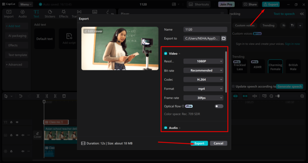 A person stands in front of a chalkboard, using a video recording setup on a tripod. An export settings window is open on a computer screen.