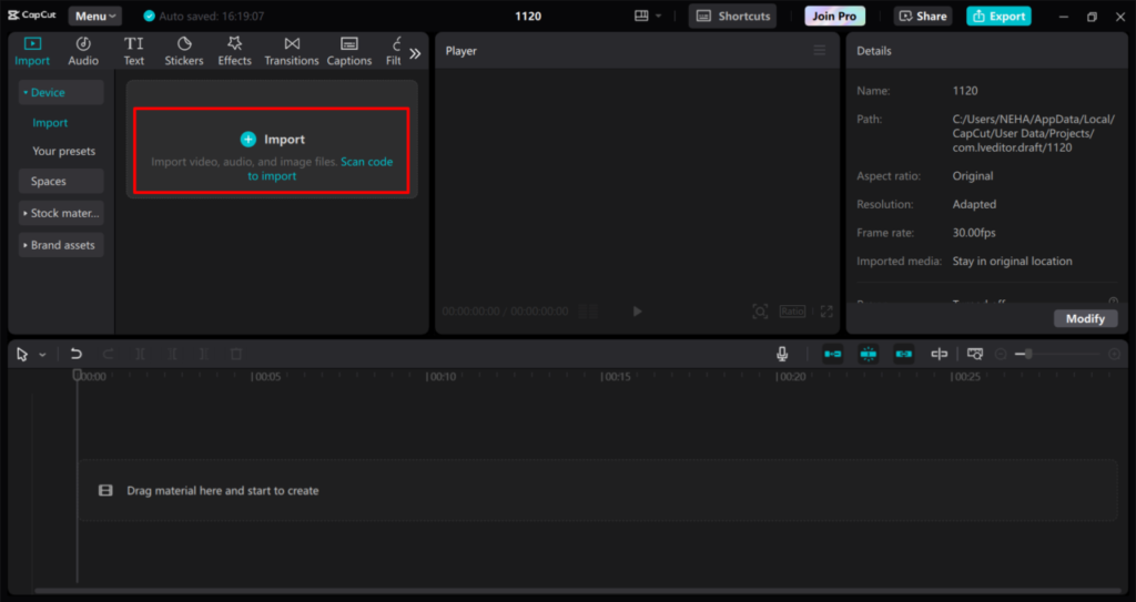 Screenshot of a video editing software interface with an import window open, displaying the option to import video, audio, or image files. A timeline is visible in the bottom section.