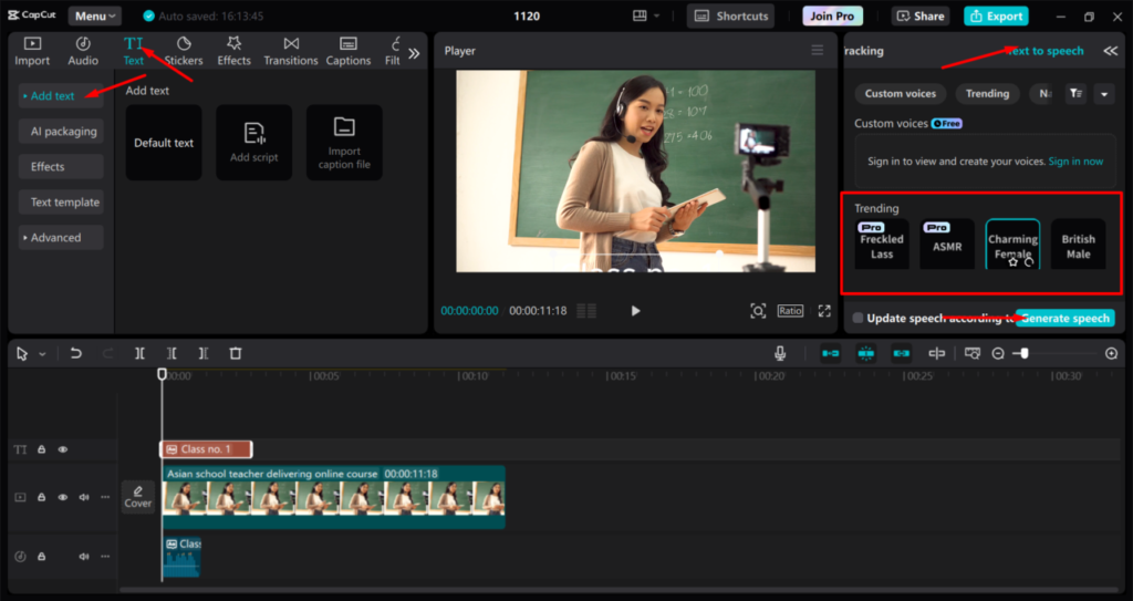 Screenshot of video editing software with a woman presenting in front of a camera. Application interface shows editing timeline and options for adding text and selecting voice effects.