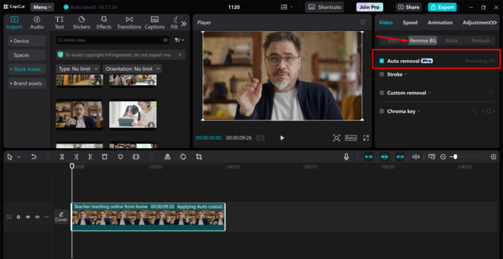 Screenshot of a video editing software interface showing an open project. A man is visible in the video preview, and "Auto removal" is highlighted in the side panel.