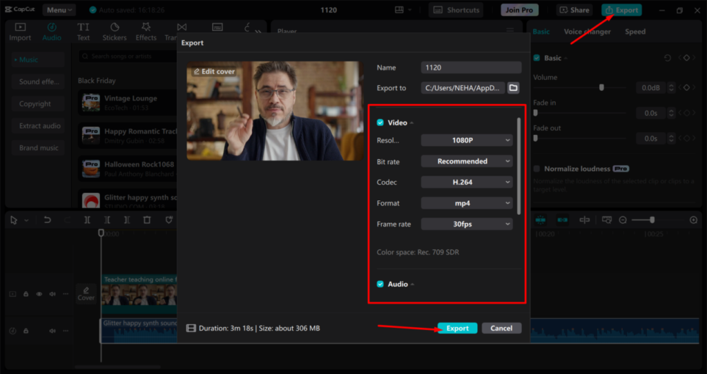 Screenshot of a video export window showing settings like resolution, format, and frame rate with a video preview in the background. A man appears on the video preview.