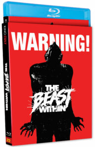 Blu-ray cover of "The Beast Within" featuring a silhouette of a person against a red background with the text "WARNING!" above.