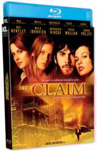 Blu-ray cover of "The Claim" featuring actors and a Western-style town, with text about a man's search for gold and his past catching up with him.