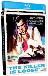 Blu-ray cover of "The Killer Is Loose" featuring an illustration of a man with a phone. Names: Joseph Cotten, Rhonda Fleming, Wendell Corey. Directed by Budd Boetticher.