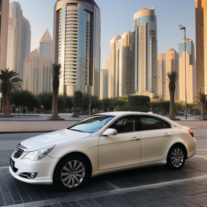A white sedan parked in front of tall modern skyscrapers and palm trees on a sunny day.