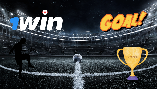 A silhouetted soccer player, a ball on a pitch under stadium lights, with "1win," "GOAL!" text, and a champions trophy graphic.