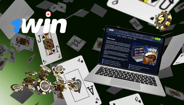 Online casino website on a laptop screen surrounded by poker chips and playing cards.