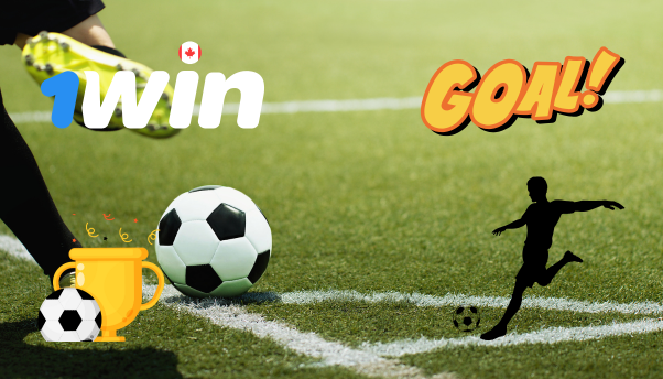 Soccer player kicking a ball on a field with graphics of "1win," "Goal!" and icons of a trophy and a player's silhouette.