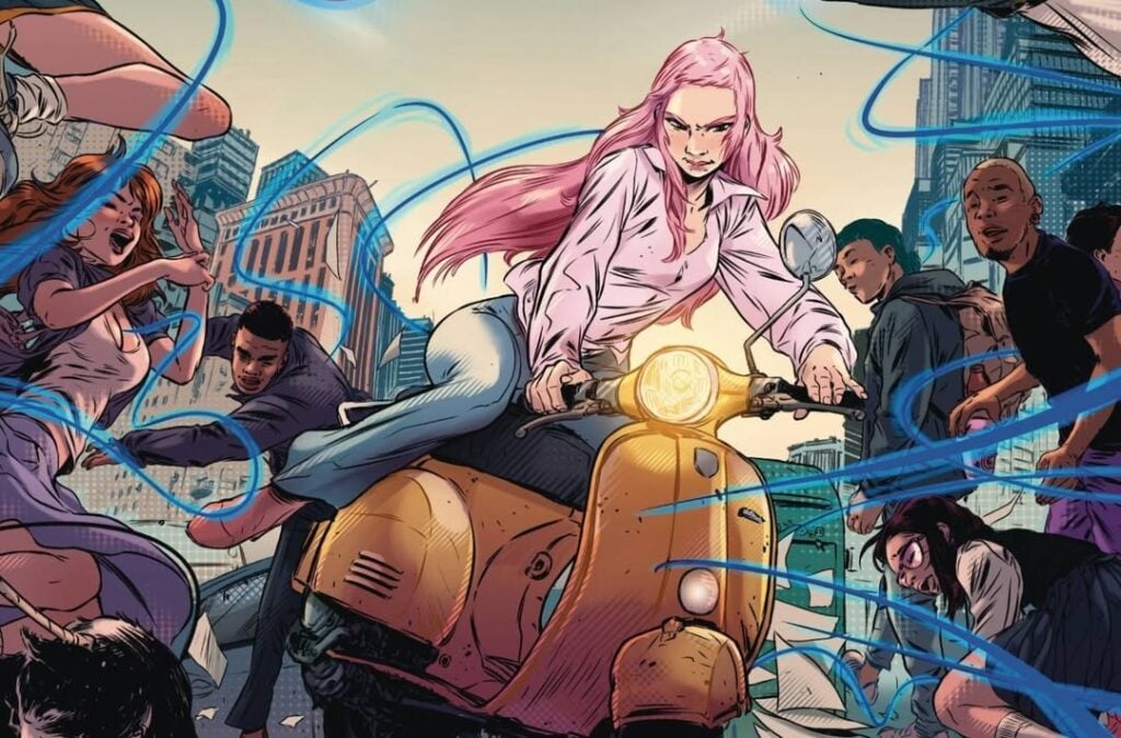 A person with long pink hair rides a scooter through a crowded street, surrounded by blue energy streams, with people reacting around them.