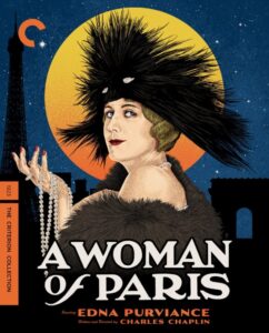 Illustrated movie poster for "A Woman of Paris" showing a woman in a feathered hat against a background with a bright, circular design and silhouettes of Paris landmarks.