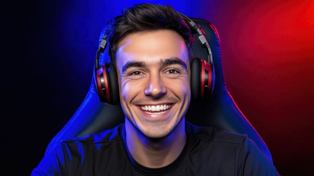 A person with headphones smiles while seated in a gaming chair, with a red and blue lit background.
