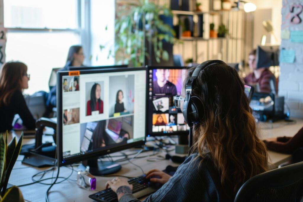A person wearing headphones sits at a desk with dual monitors, surrounded by colleagues in an office environment.