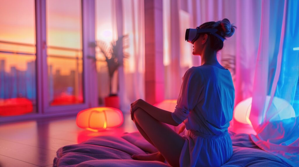A person sits on a floor cushion wearing a VR headset in a room with colorful lighting and a sunset view through large windows.