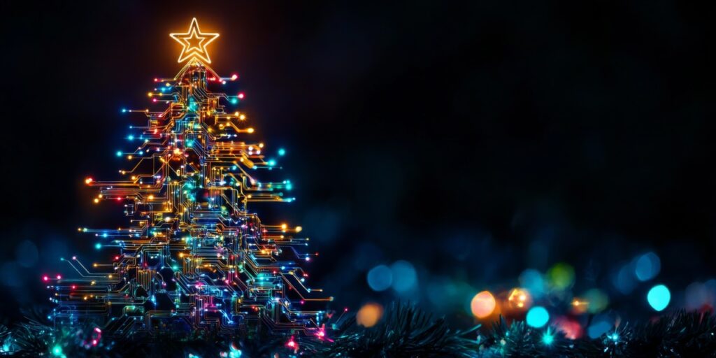 A digital Christmas tree with colorful circuit-like lights and a glowing star on top, set against a dark background with blurred lights.