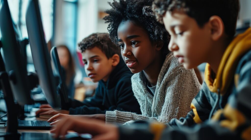 Three children focused on computer screens in a classroom setting.