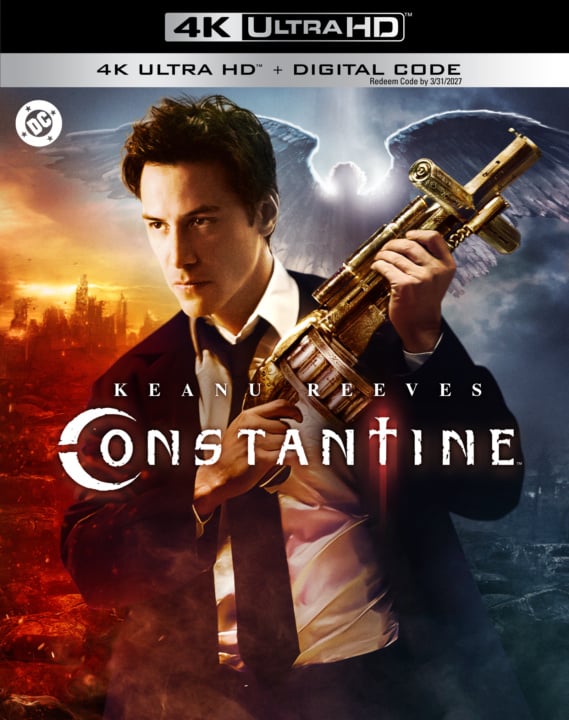 Movie cover of "Constantine" showing a man in a suit holding a golden weapon against a background split between fiery and angelic imagery.