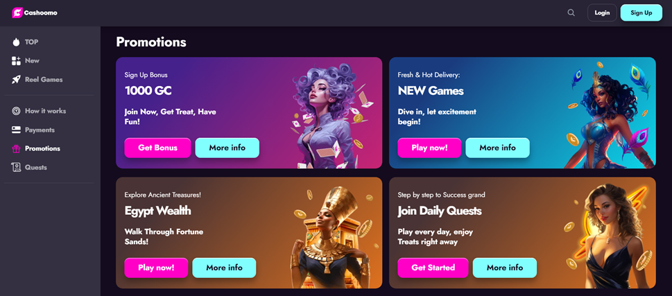 Screenshot of a gaming platform's promotions page featuring discounts and new games, with vibrant graphics for each offer.