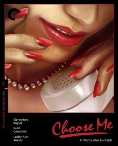 Close-up of a woman's lips holding a phone, wearing red lipstick and a pearl necklace. Text: "Choose Me" and names of people involved in the film production.