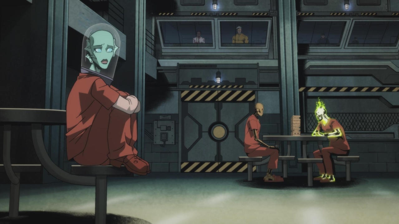 Prison scene with one person sitting on a table, two playing Jenga, and guards watching from above.