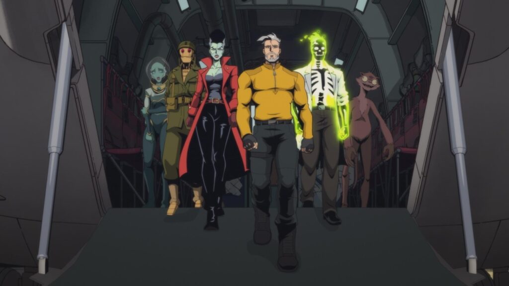 A group of animated characters in diverse outfits walk down a ramp from a plane.