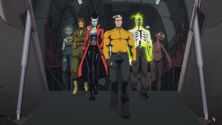 A group of animated characters in diverse outfits walk down a ramp from a plane.
