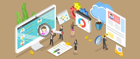 Isometric illustration of people working with digital tools, including a computer monitor, charts, and documents, symbolizing data analysis and teamwork.