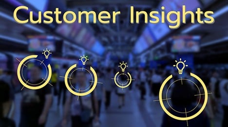 Blurry image of a crowded area with overlapping digital graphics of target symbols and lightbulbs. Text at the top reads "Customer Insights.