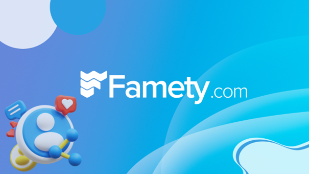 Logo for Famety.com on a blue gradient background with social media icons.