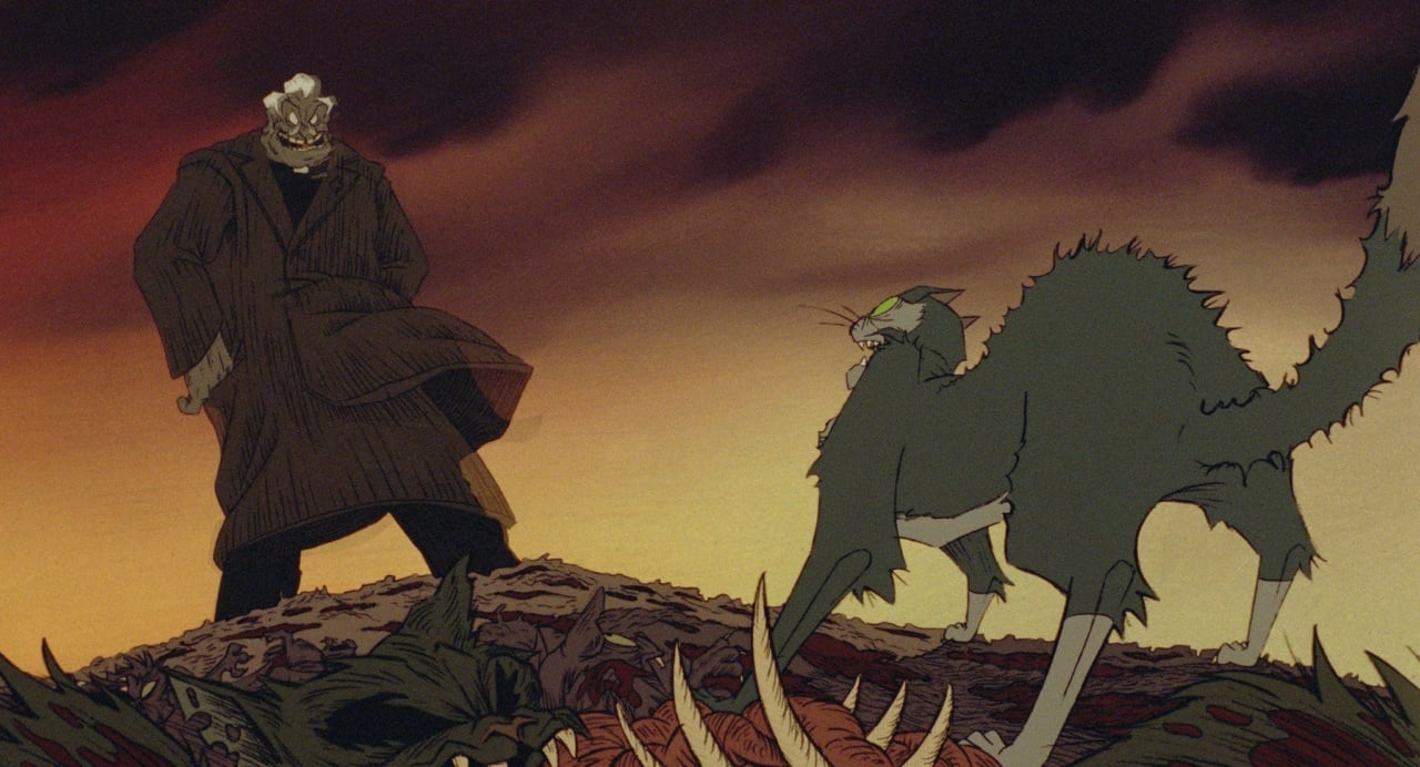 A man in a coat stands on a hill with a large, arched green cat. The ground is covered in bones and the sky is dark and cloudy.