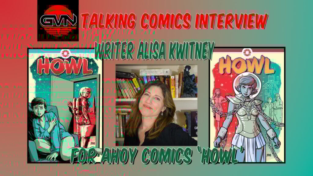 A woman smiling in front of bookshelves, flanked by two comic book covers titled "Howl," with text indicating an interview for "Talking Comics" with writer Alisa Kwitney.