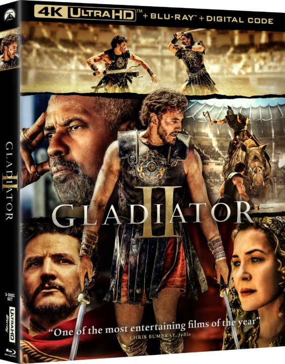 Movie cover for "Gladiator II," featuring several characters in action scenes. Includes a 4K Ultra HD, Blu-ray, and digital code label. A quote praises it as "entertaining.