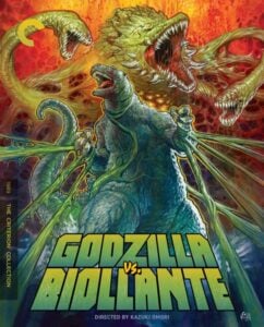Cover art for "Godzilla vs. Biollante" showing Godzilla and Biollante engaged in battle. Text includes director's name and year. The Criterion Collection label is visible on the side.