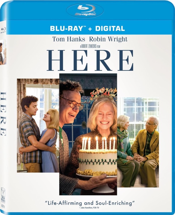 Blu-ray cover of the film "Here," featuring images of characters embracing, smiling with a birthday cake, and sitting together, starring Tom Hanks and Robin Wright.