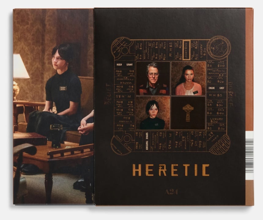 A book cover and partial scene from "Heretic." The cover features four portraits, a cross, and intricate designs. The scene shows a person sitting on a chair in a dimly lit room.