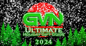 Green GVN logo with a red circle background. Text reads "Ultimate Holiday Gift Guide 2024" on a snowy black background with green trees at the bottom.