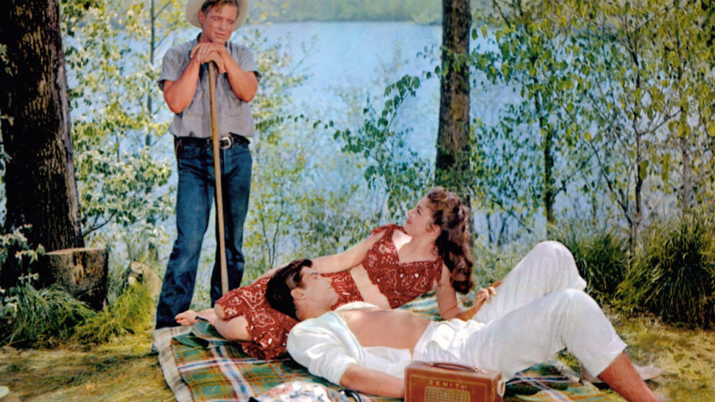 Three people are having a picnic by a lake. One person stands holding a tool, while the other two lie on a blanket. Trees and water are in the background.