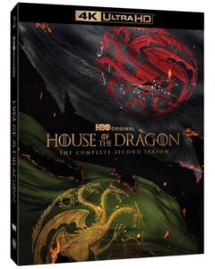 Cover art for "House of the Dragon: The Complete Second Season" in 4K Ultra HD, featuring dragon imagery and HBO branding.