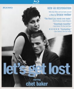 Blu-ray cover of "Let's Get Lost" starring Chet Baker, featuring a black-and-white photo of a man holding a trumpet and a woman standing behind him.