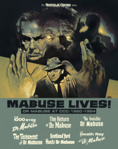 Stylized movie poster featuring a man in a hat and trench coat with various movie titles above, including "The 1000 Eyes of Dr. Mabuse" and "The Invisible Dr. Mabuse." Text reads "Mabuse Lives!.