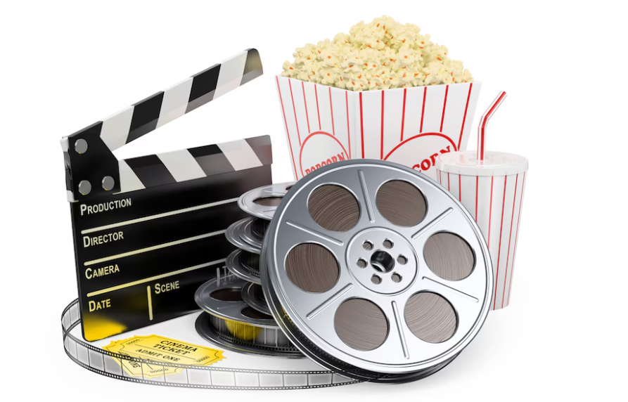 A film reel, clapperboard, striped popcorn box, and a soft drink with a straw are arranged together.