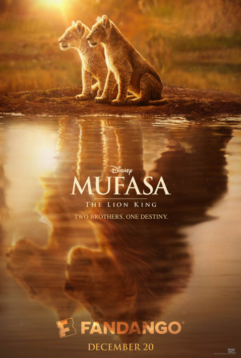 Two lion cubs sit by a water's edge, their reflections visible. Text reads "Mufasa The Lion King. Two brothers. One destiny. Fandango December 20.