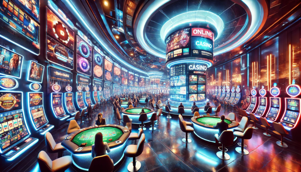 A futuristic casino interior with slot machines, card tables, and digital screens displaying casino games. Neon lighting and a large central digital display create a lively atmosphere.