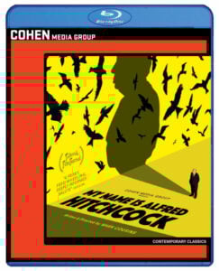 Blu-ray cover of "My Name is Alfred Hitchcock" featuring a silhouette of Hitchcock surrounded by birds on a yellow background.