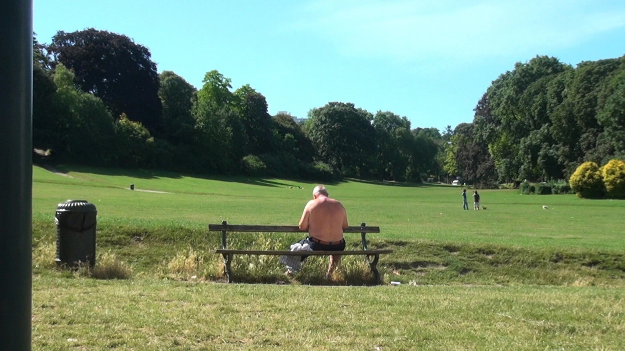 A shirtless man sits on a bench in a park with large green lawns and scattered trees under a clear blue sky.