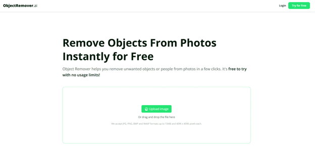Screenshot of an online tool, ObjectRemover.ai, offering free photo object removal services. Features include image upload and drag-and-drop options.