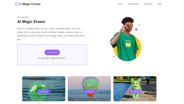 AI Magic Eraser website homepage showing a person in a green shirt, upload image button, and images with "Get Started" buttons for editing photos.