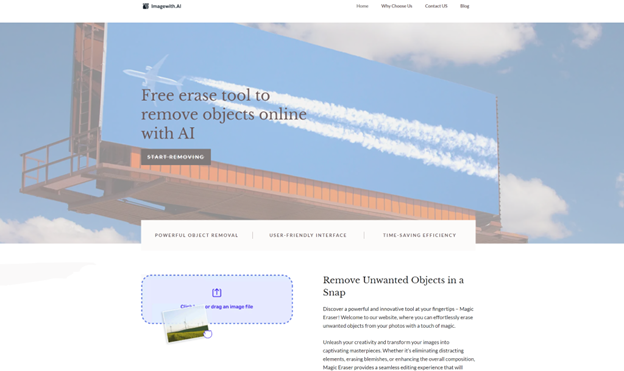 A webpage showcasing an AI tool for removing objects from images. The page features a header with a sky and airplane, and text promoting ease of use and efficiency.